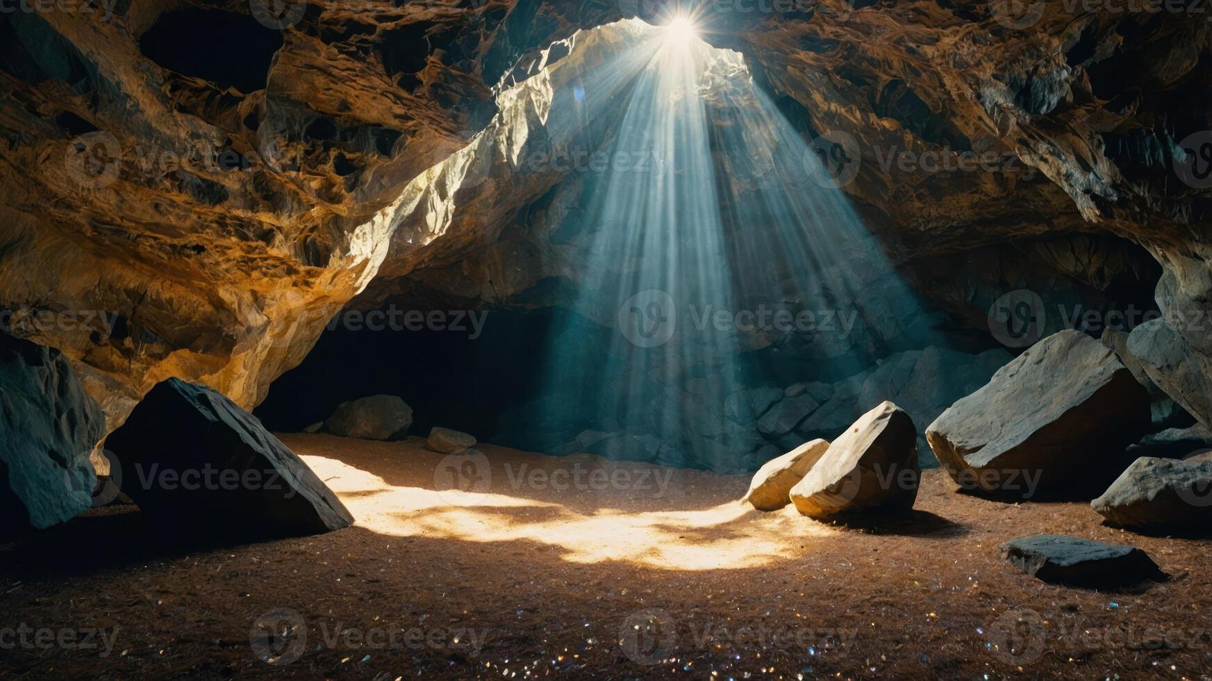 Sunlight Streams Into Cave Illuminating Rock Formations and Sandy Floor photo