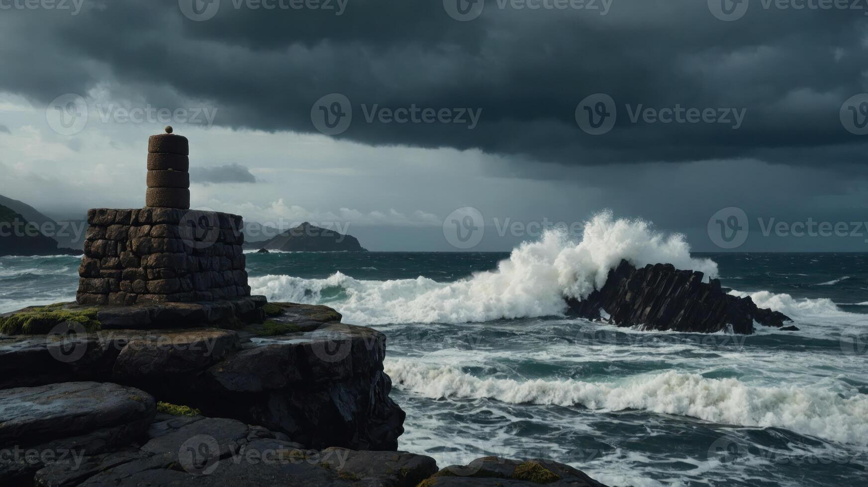 Stone Lookout on Rocky Coastline with Crashing Waves Under Cloudy Sky photo