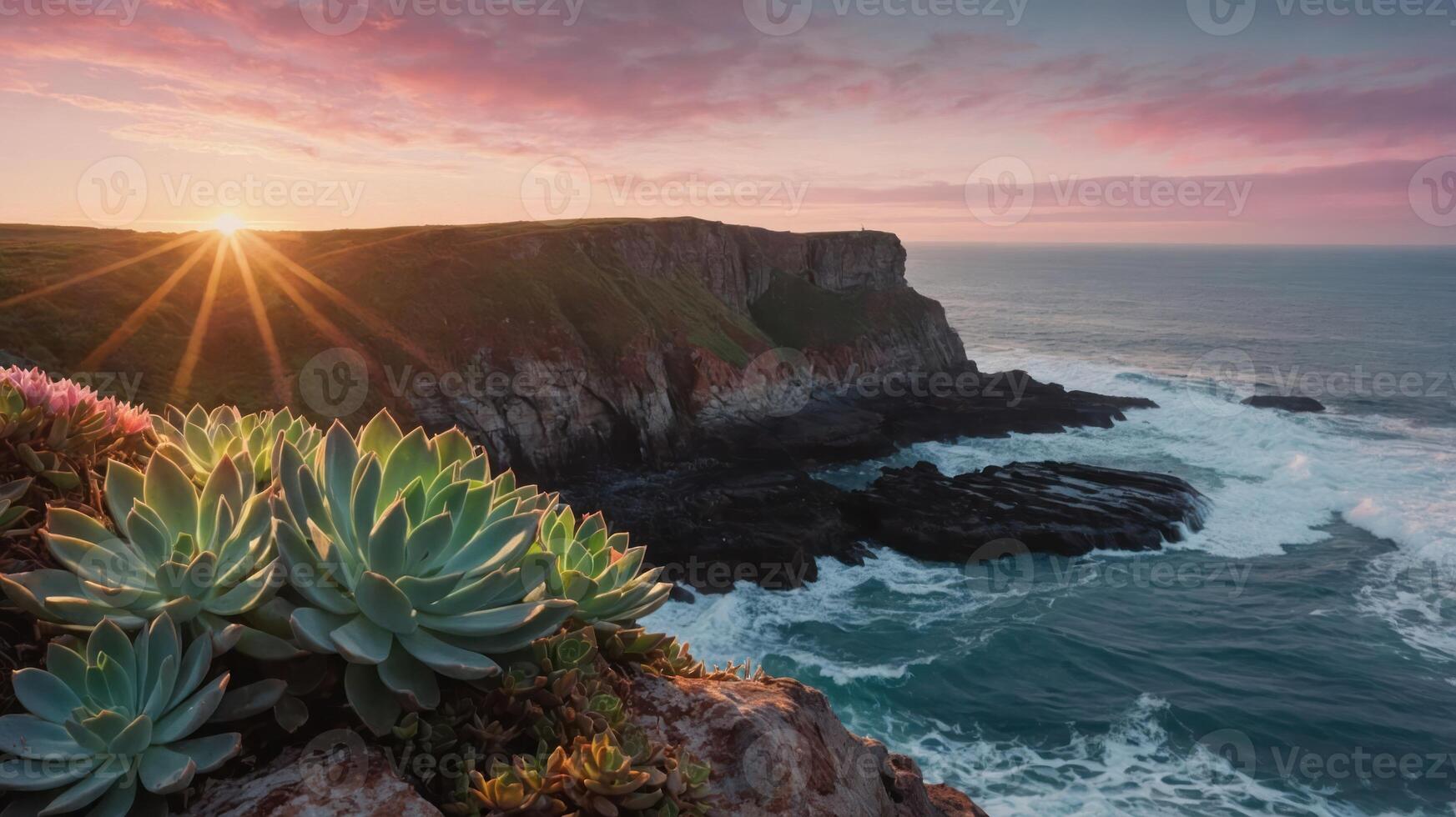 Succulents on Cliff Overlooking Ocean Waves at Sunrise with Sky photo