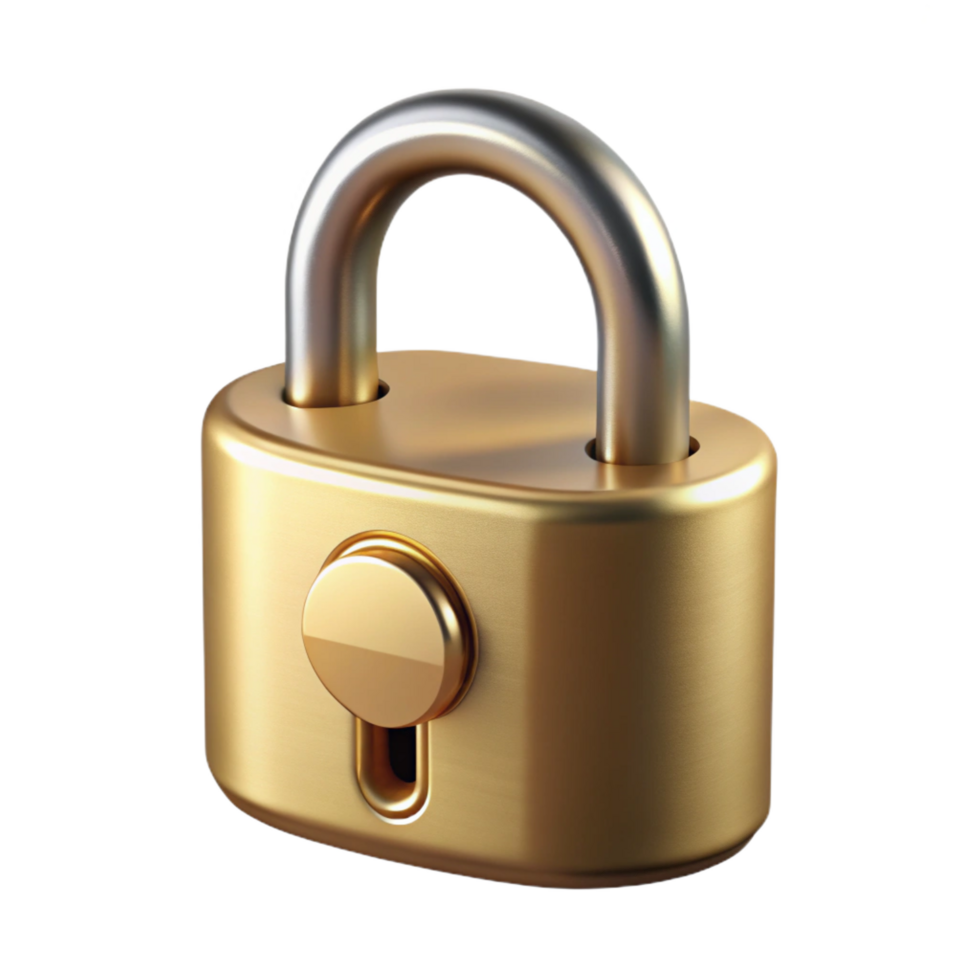 hypnotic elegant A single padlock, brass and locked. NO BACKGROUND with Transparent Background. crisp png