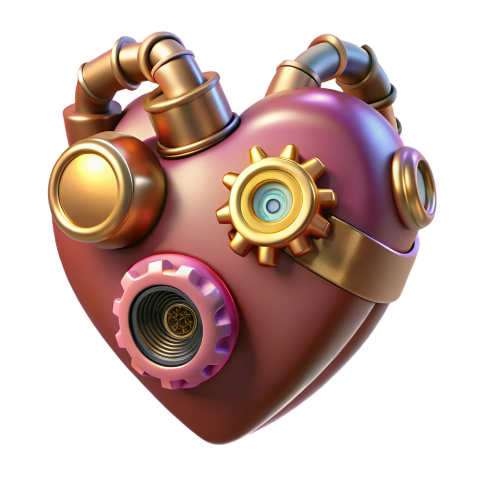 romantic hypnotic Steampunk heart with gears, pipes, and glowing valves. NO BACKGROUND with Transparent Background. elite png