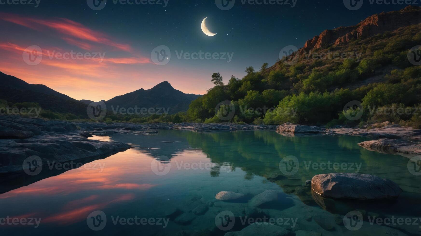 Reflecting Calm River at Twilight with Moon and Starry Sky photo