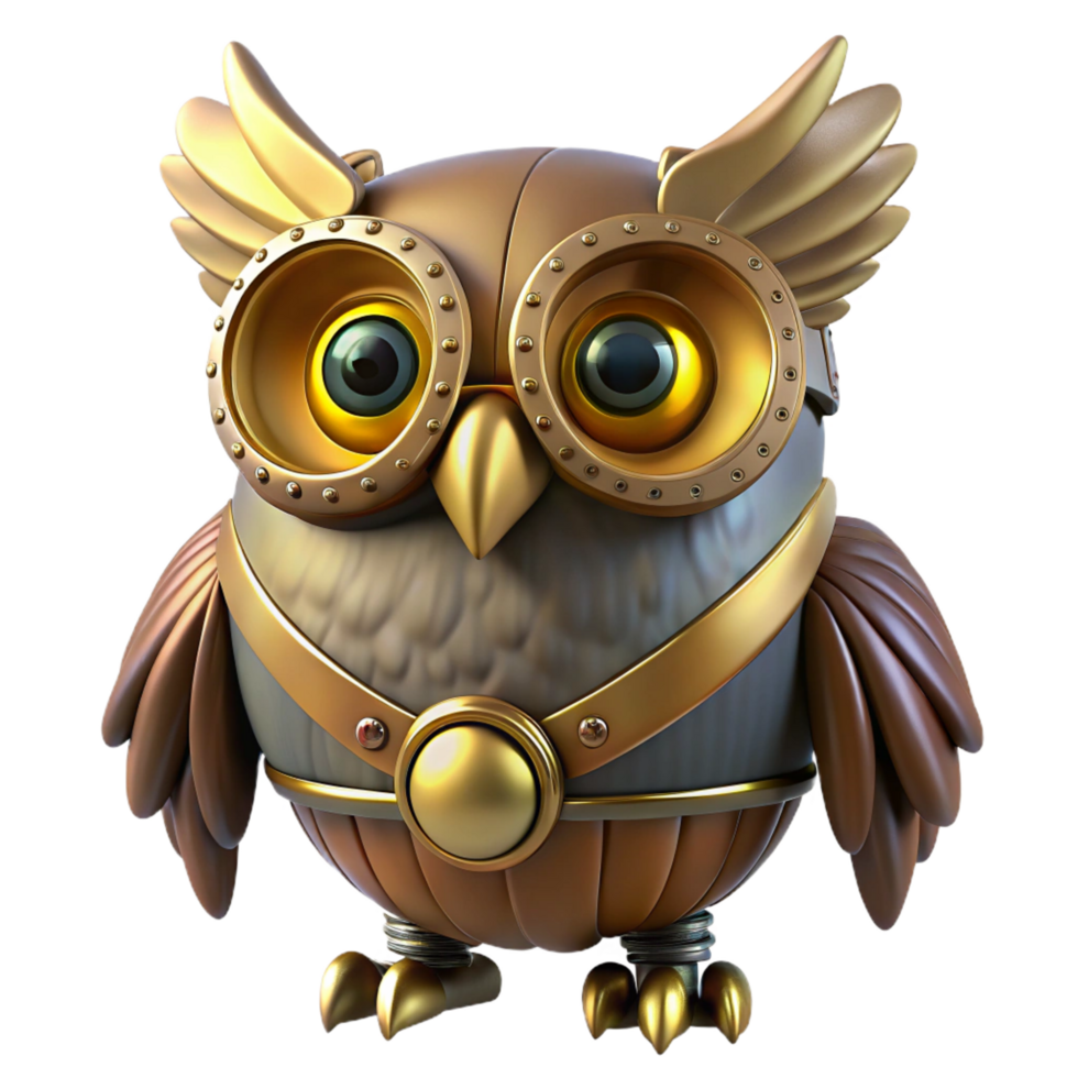remarkable impressionist Steampunk robotic owl with glowing eyes and brass feathers. NO BACKGROUND with Transparent Background. expertly shot png