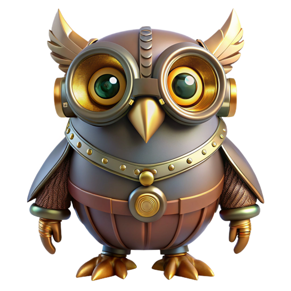 fascinating vintage Steampunk robotic owl with glowing eyes and brass feathers. NO BACKGROUND with Transparent Background. perfect clarity png