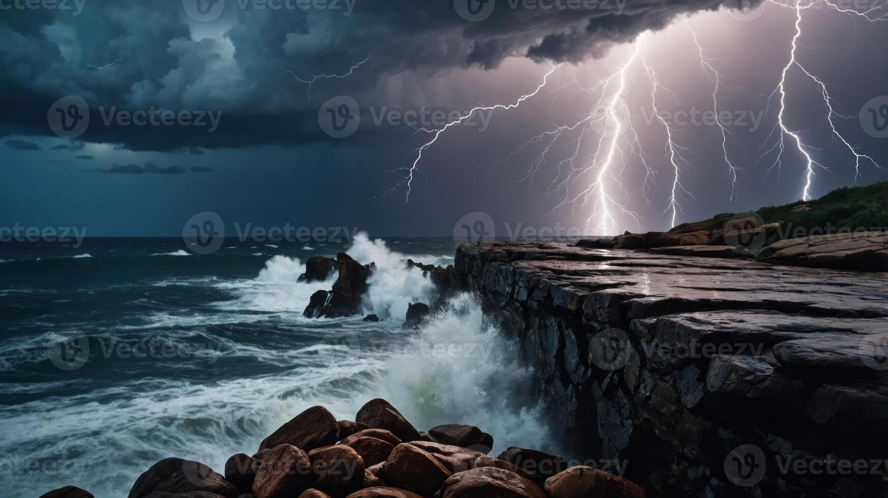 Waves Crashing on Rocky Shoreline with Lightning Strikes During Storm photo