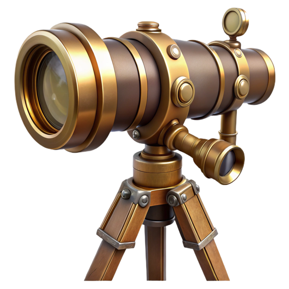 splendid sought-after Steampunk telescope with brass lenses and a wooden tripod mount. NO BACKGROUND with Transparent Background. png