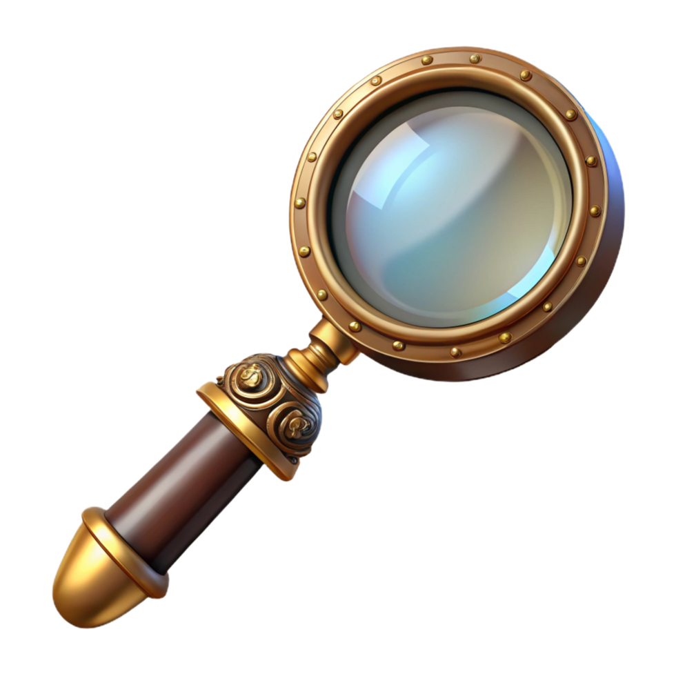 whimsical dazzling Steampunk magnifying glass with a brass handle and ornate engravings. NO BACKGROUND with Transparent Background. flawless png