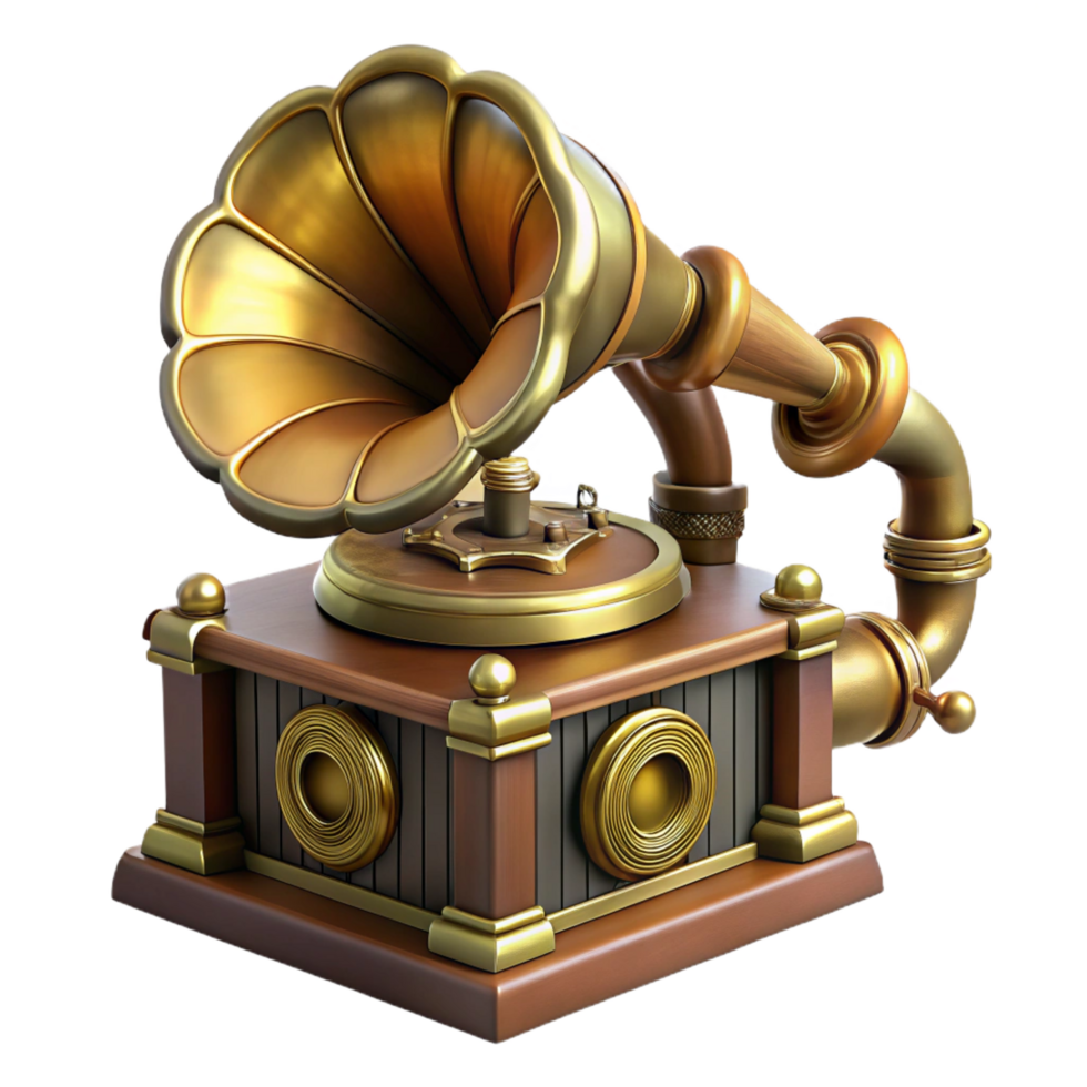 picturesque art deco Steampunk gramophone with a brass horn and a clockwork mechanism. NO BACKGROUND with Transparent Background. gallery standard png