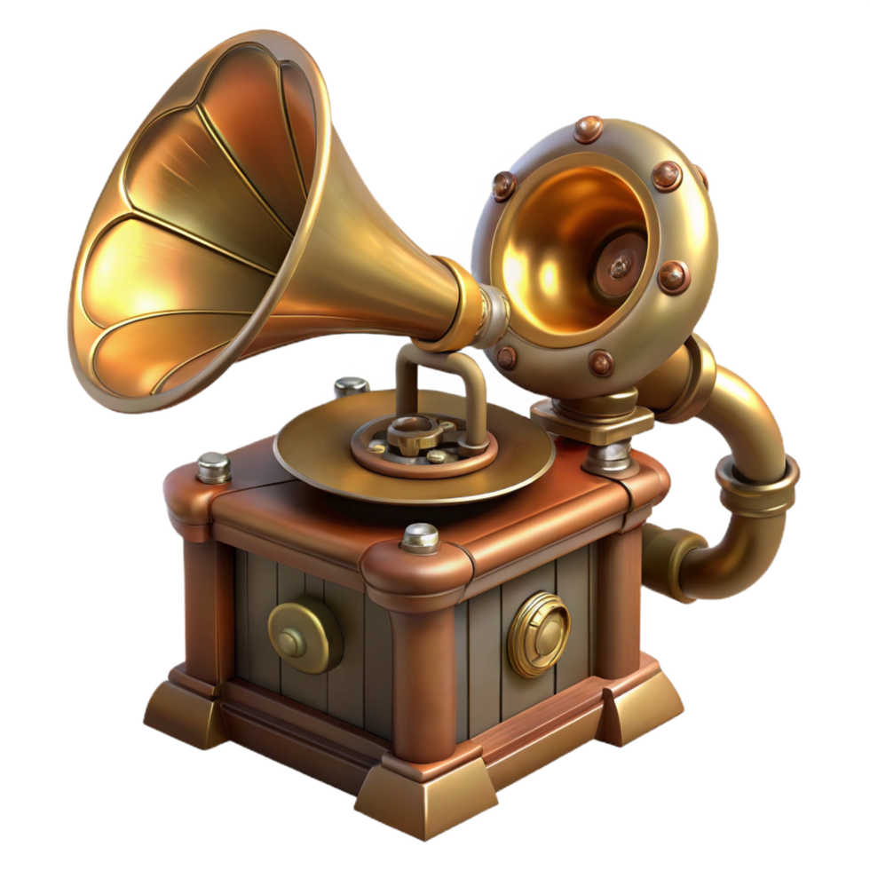 joyful spectacular Steampunk gramophone with a brass horn and a clockwork mechanism. NO BACKGROUND with Transparent Background. 8K png