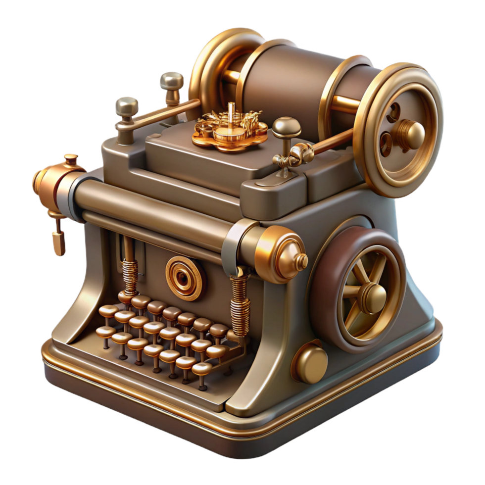 ethereal wonderful Steampunk typewriter with brass keys and a clockwork mechanism. NO BACKGROUND with Transparent Background. detailed png