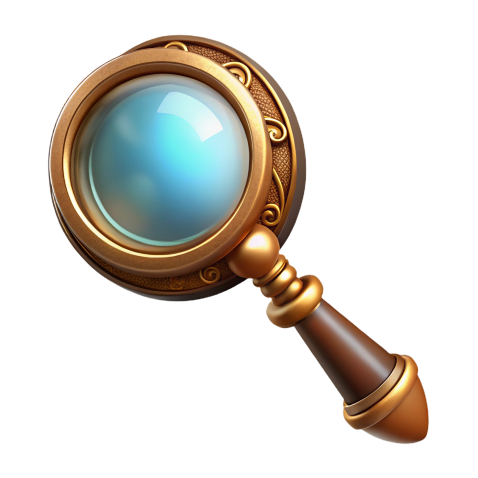 exquisite energetic tropical Steampunk magnifying glass with a brass handle and ornate engravings. NO BACKGROUND with Transparent Background. perfect clarity png
