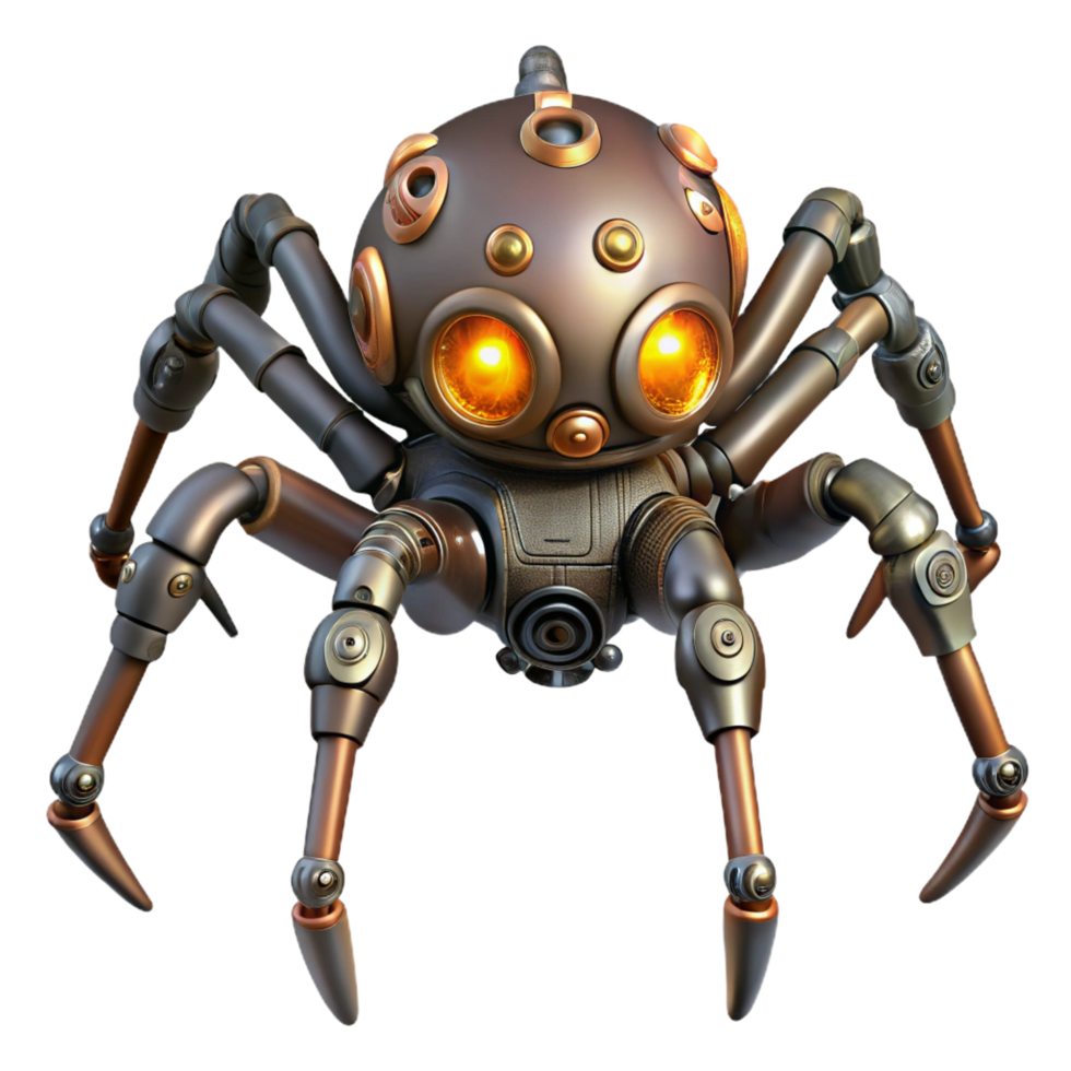 joyful impressive Steampunk clockwork spider with articulated legs and glowing eyes. NO BACKGROUND with Transparent Background. impeccable png