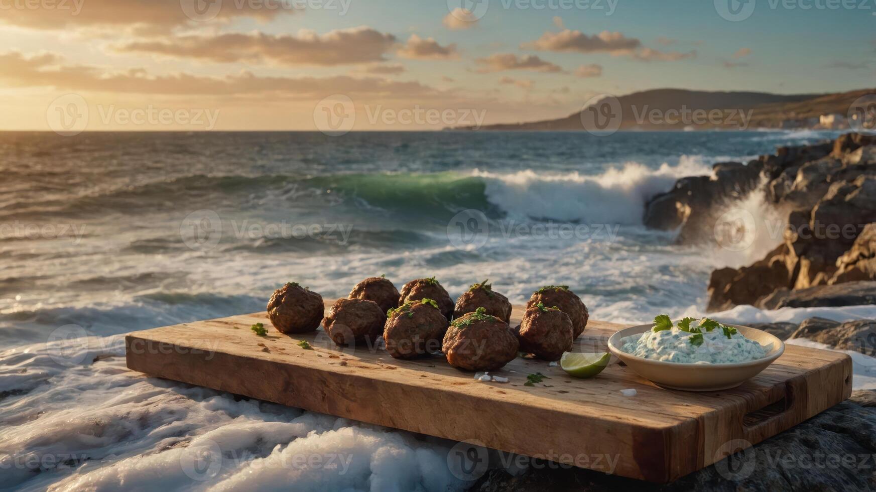 Meatballs Served Seaside with Dipping Sauce on a Wooden Board photo