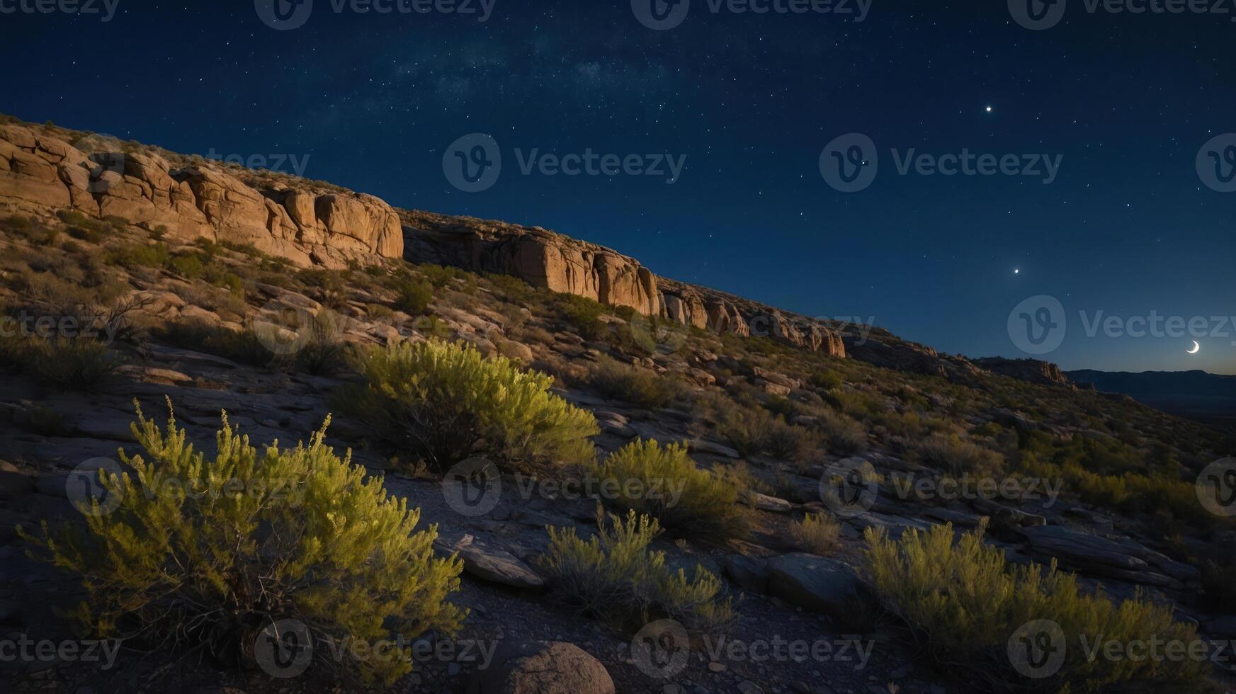 Night Landscape with Rock Formation Starry Sky and Crescent Moon photo