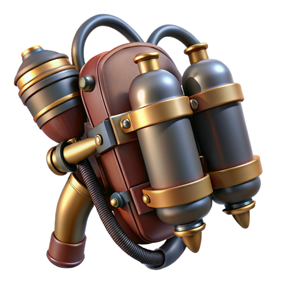 intense splendid Steampunk jetpack with brass nozzles and leather straps. NO BACKGROUND with Transparent Background. crisp png