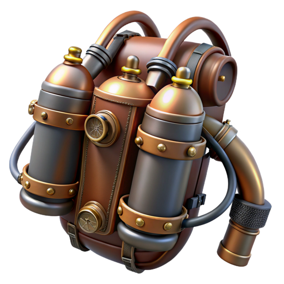 magnificent organic Steampunk jetpack with brass nozzles and leather straps. NO BACKGROUND with Transparent Background. refined png