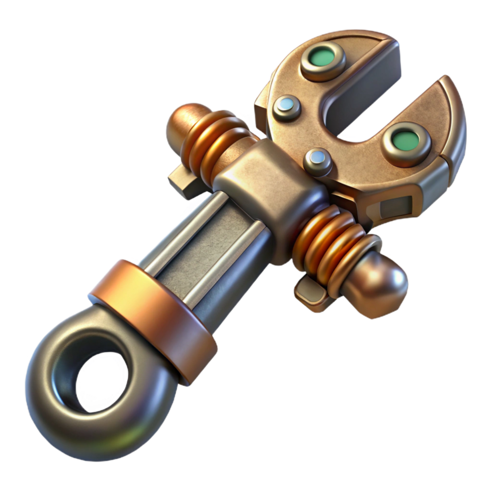 magnificent unforgettable Steampunk wrench with adjustable jaws and a brass handle. NO BACKGROUND with Transparent Background. png