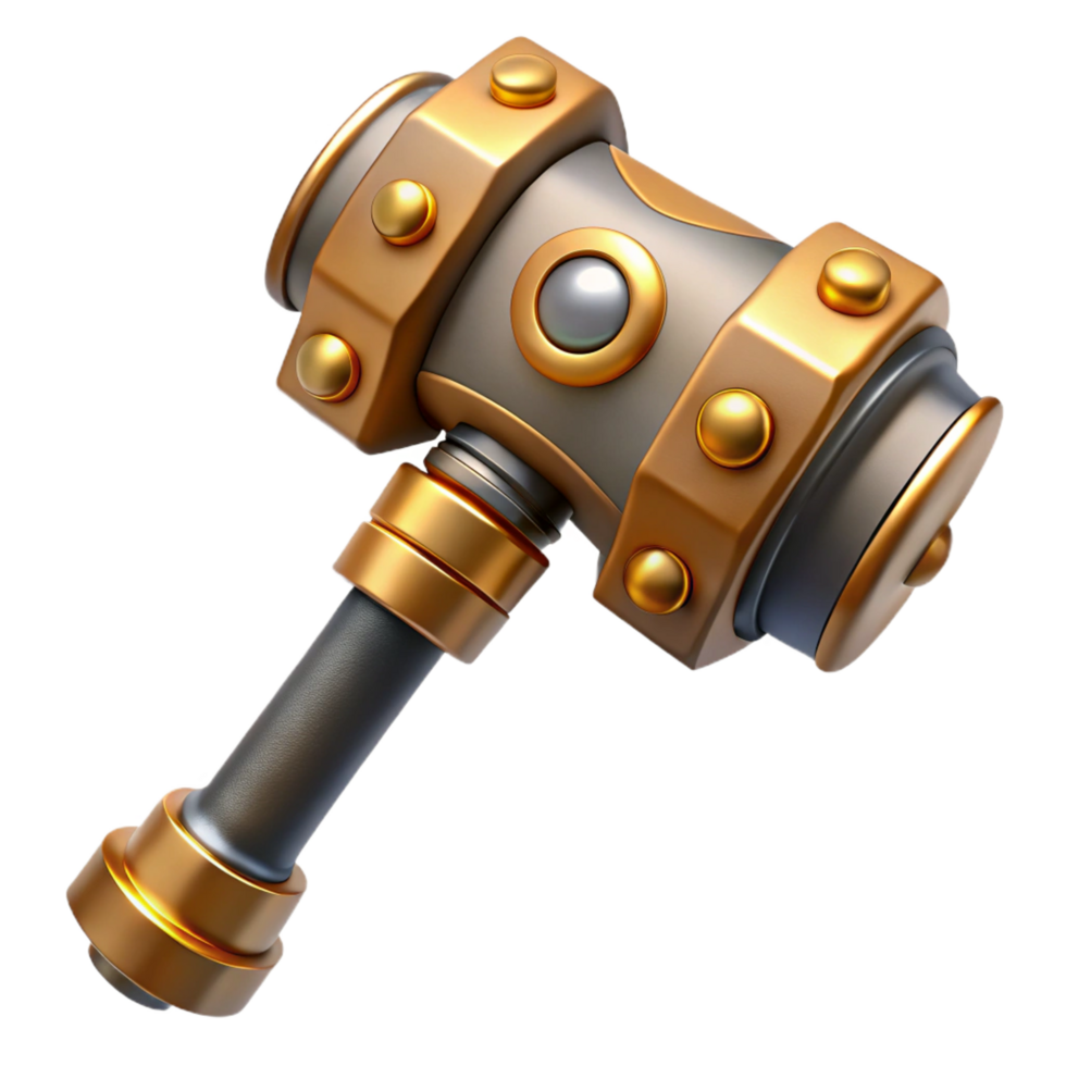 exquisite reflective victorian Steampunk hammer with a brass head and a wooden handle. NO BACKGROUND with Transparent Background. artisan png