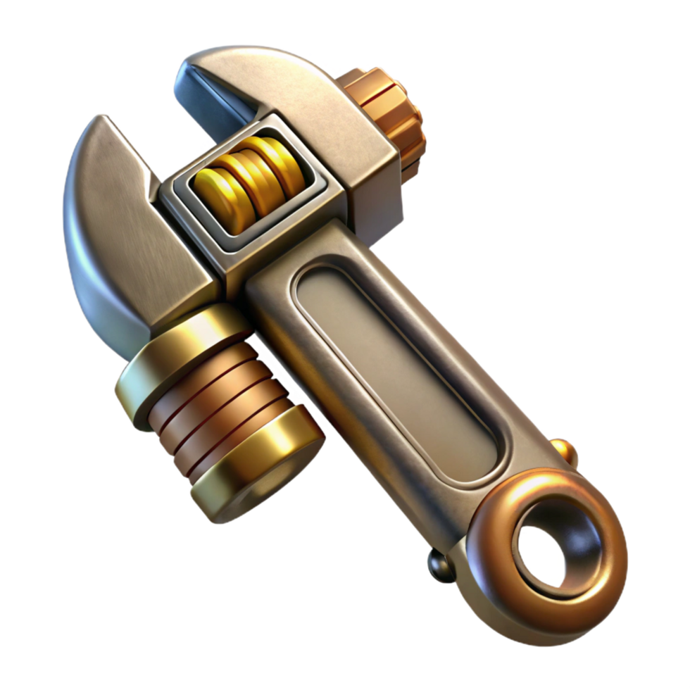 reflective breathtaking Steampunk wrench with adjustable jaws and a brass handle. NO BACKGROUND with Transparent Background. masterfully captured png