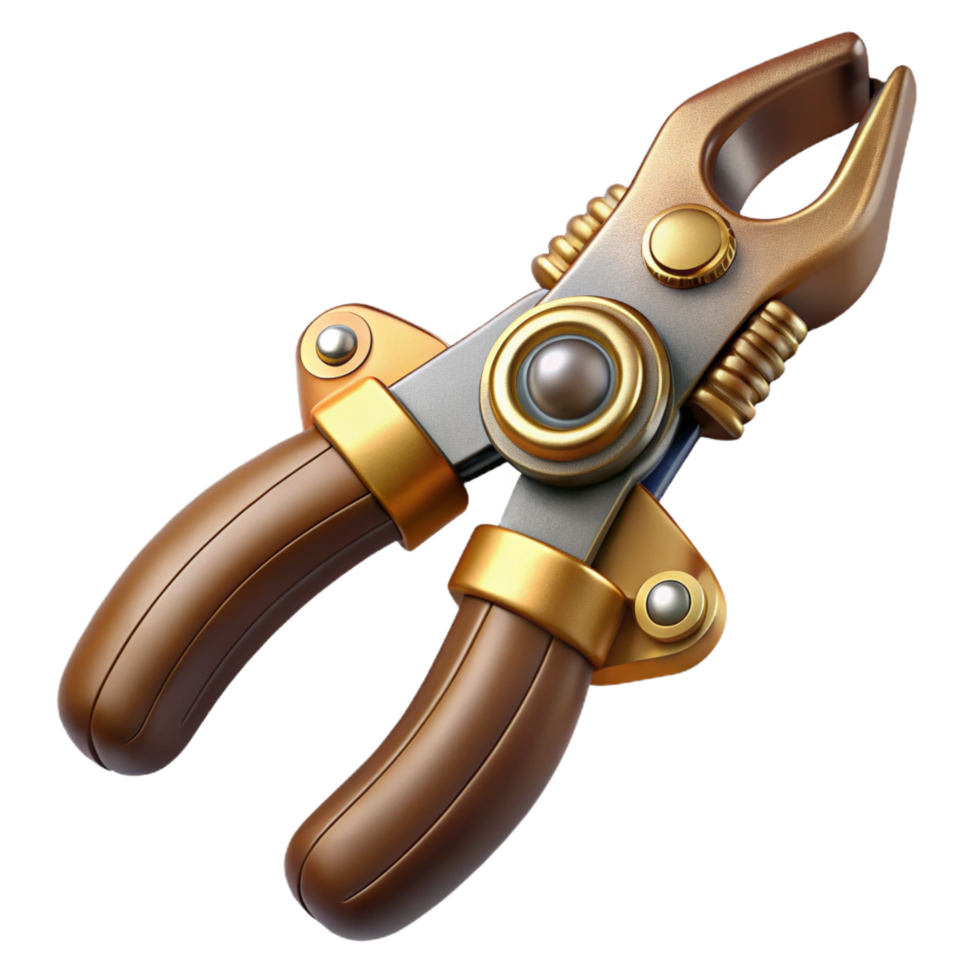 sumptuous passionate bohemian Steampunk pliers with gripping jaws and a brass handle. NO BACKGROUND with Transparent Background. fine detail png