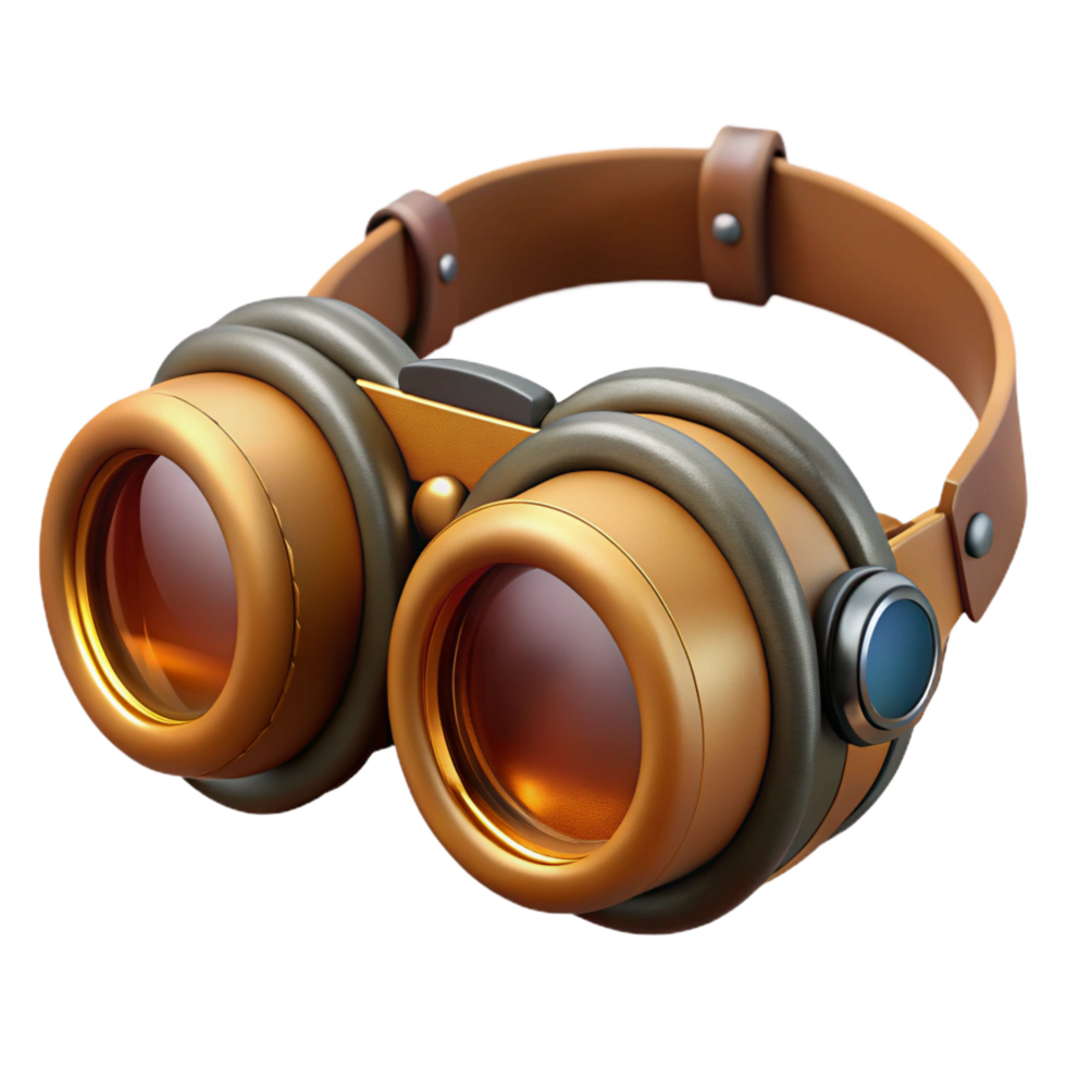 stunning whimsical classic Steampunk goggles with amber lenses and leather straps. NO BACKGROUND with Transparent Background. professional png