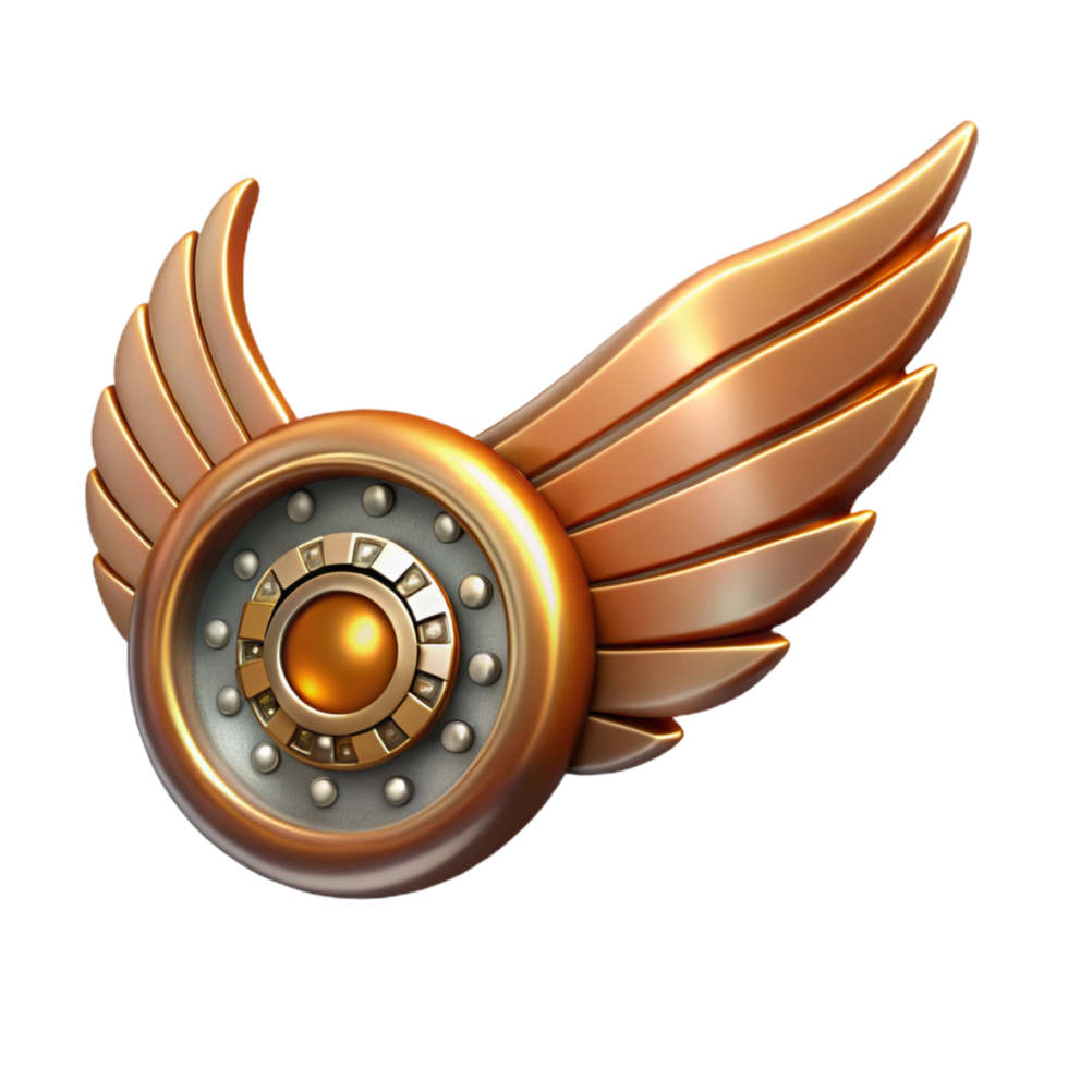 spectacular notable Steampunk wing icon with metallic feathers and gear details. NO BACKGROUND with Transparent Background. png