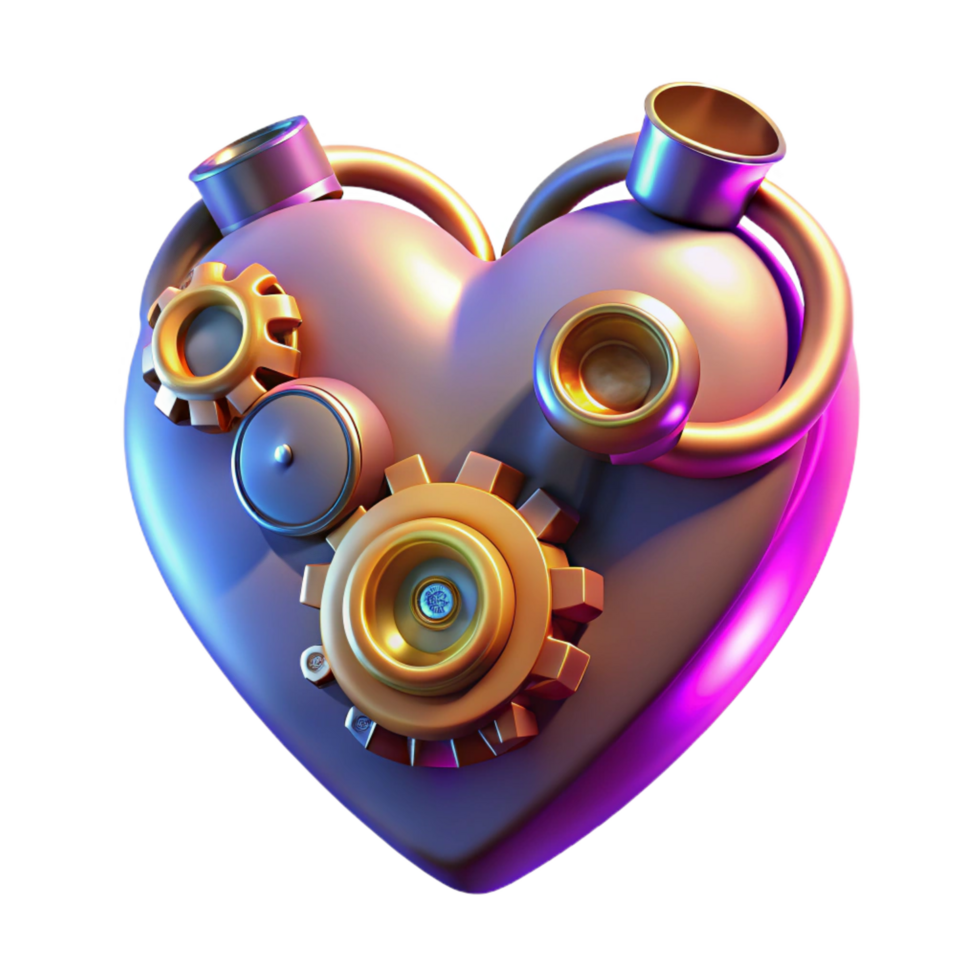 immaculate tranquil classic Steampunk heart icon with gears, pipes, and glowing elements. NO BACKGROUND with Transparent Background. exclusive png