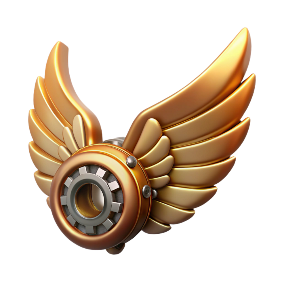 glorious reflective nordic Steampunk wing icon with metallic feathers and gear details. NO BACKGROUND with Transparent Background. genuine png