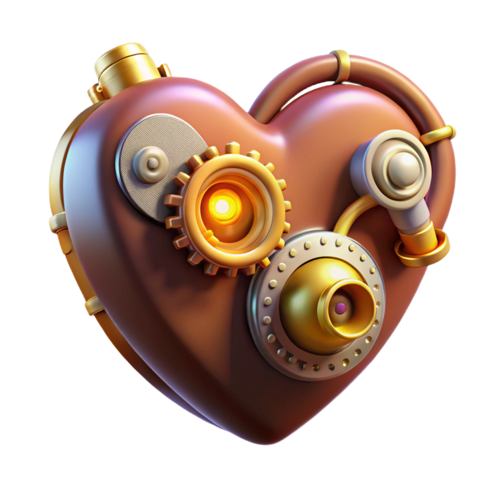 nostalgic radiant Steampunk heart icon with gears, pipes, and glowing elements. NO BACKGROUND with Transparent Background. professional png