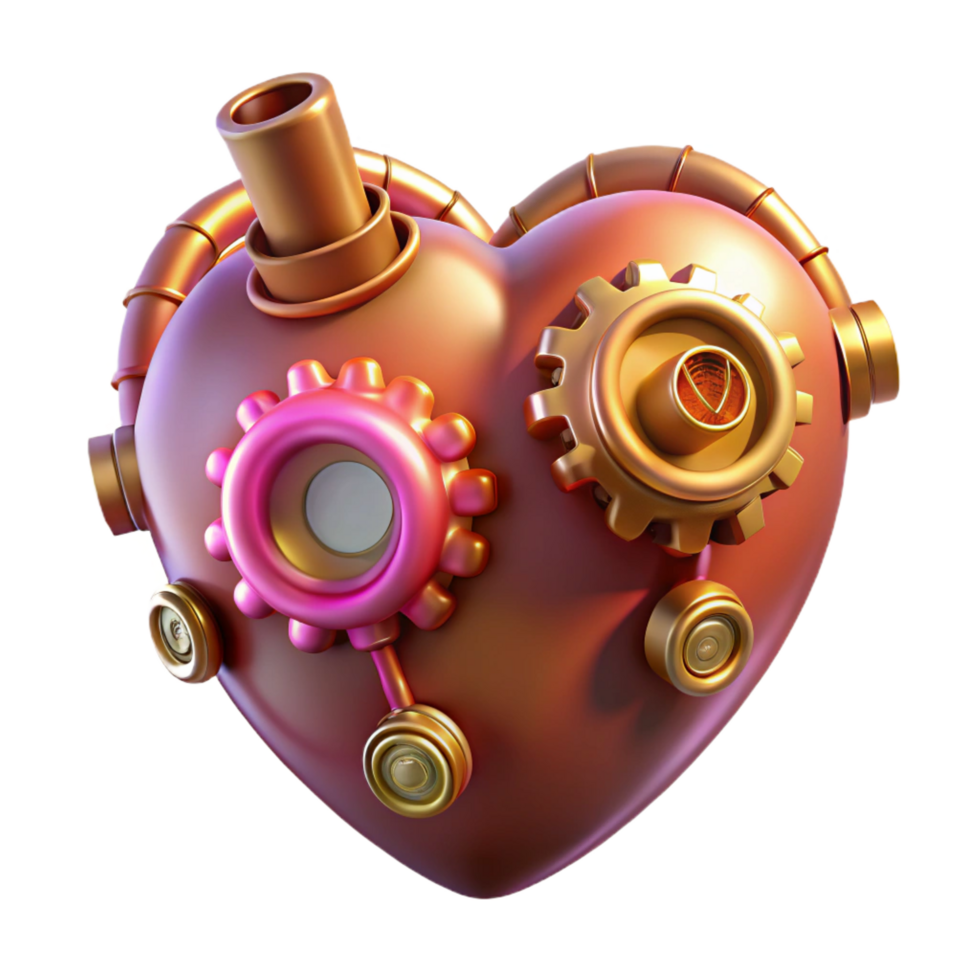 picturesque signature Steampunk heart icon with gears, pipes, and glowing elements. NO BACKGROUND with Transparent Background. png