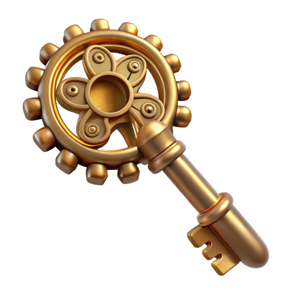 vibrant energetic industrial Steampunk key icon with ornate engravings and a clockwork design. NO BACKGROUND with Transparent Background. sharp png
