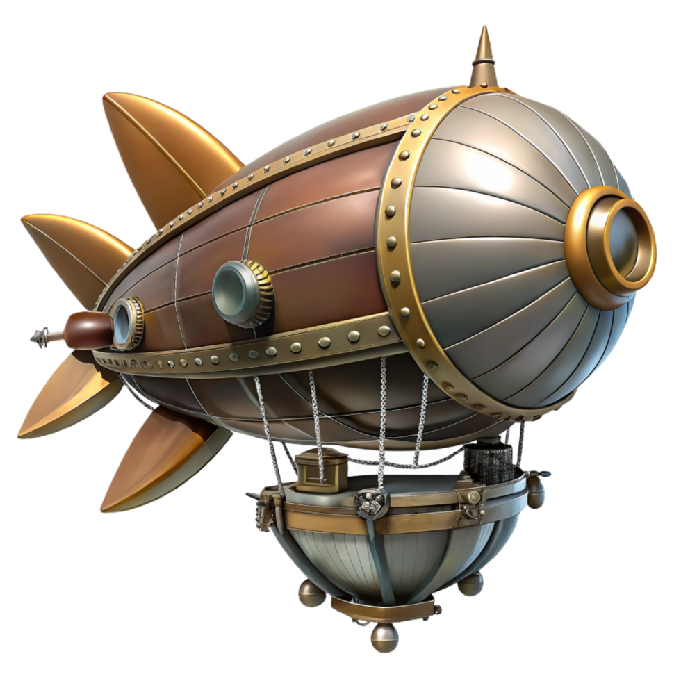 reflective impressive Steampunk airship illustration with propellers and intricate details. NO BACKGROUND with Transparent Background. high quality png