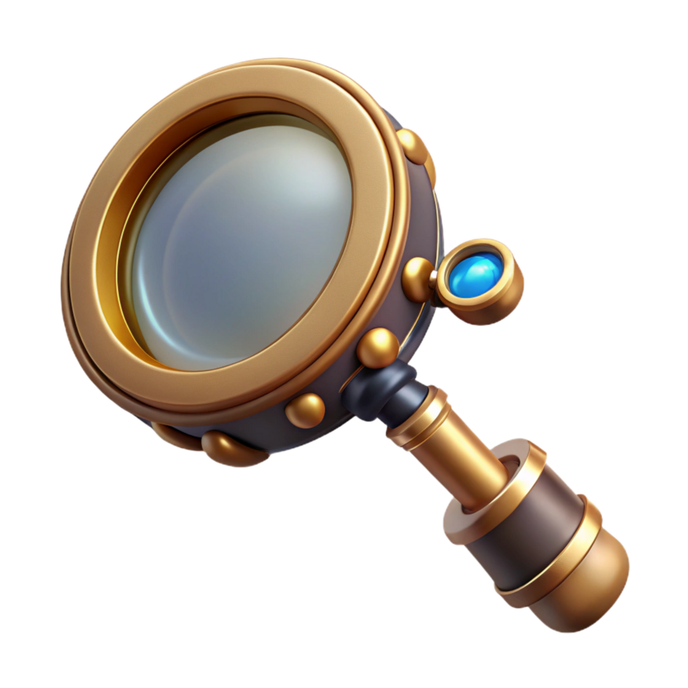 mysterious sumptuous Steampunk monocle illustration with a magnifying glass and brass frame. NO BACKGROUND with Transparent Background. 8K png