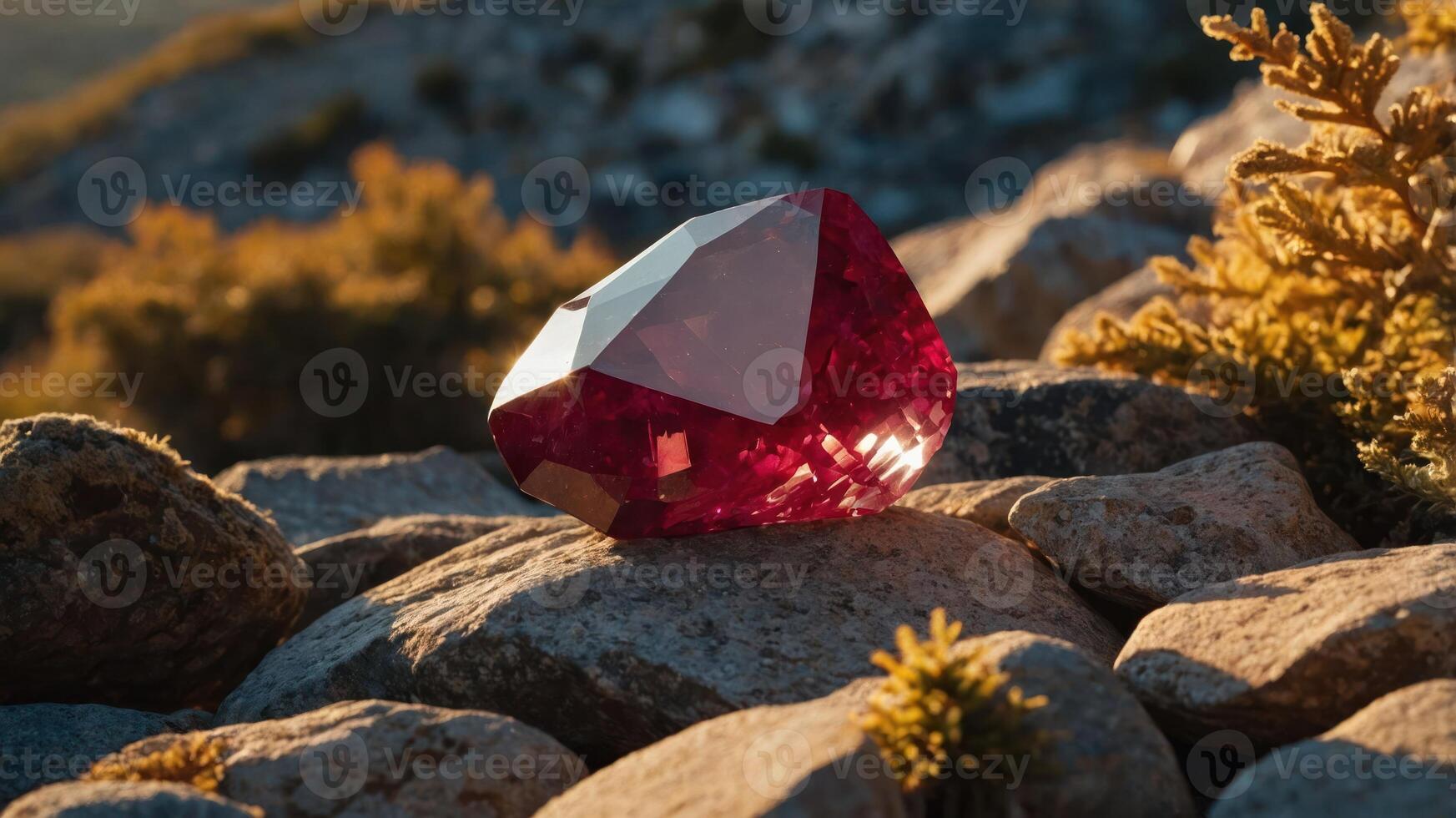 Red Gemstone Resting on Rocks with Mountain Background and Vegetation photo