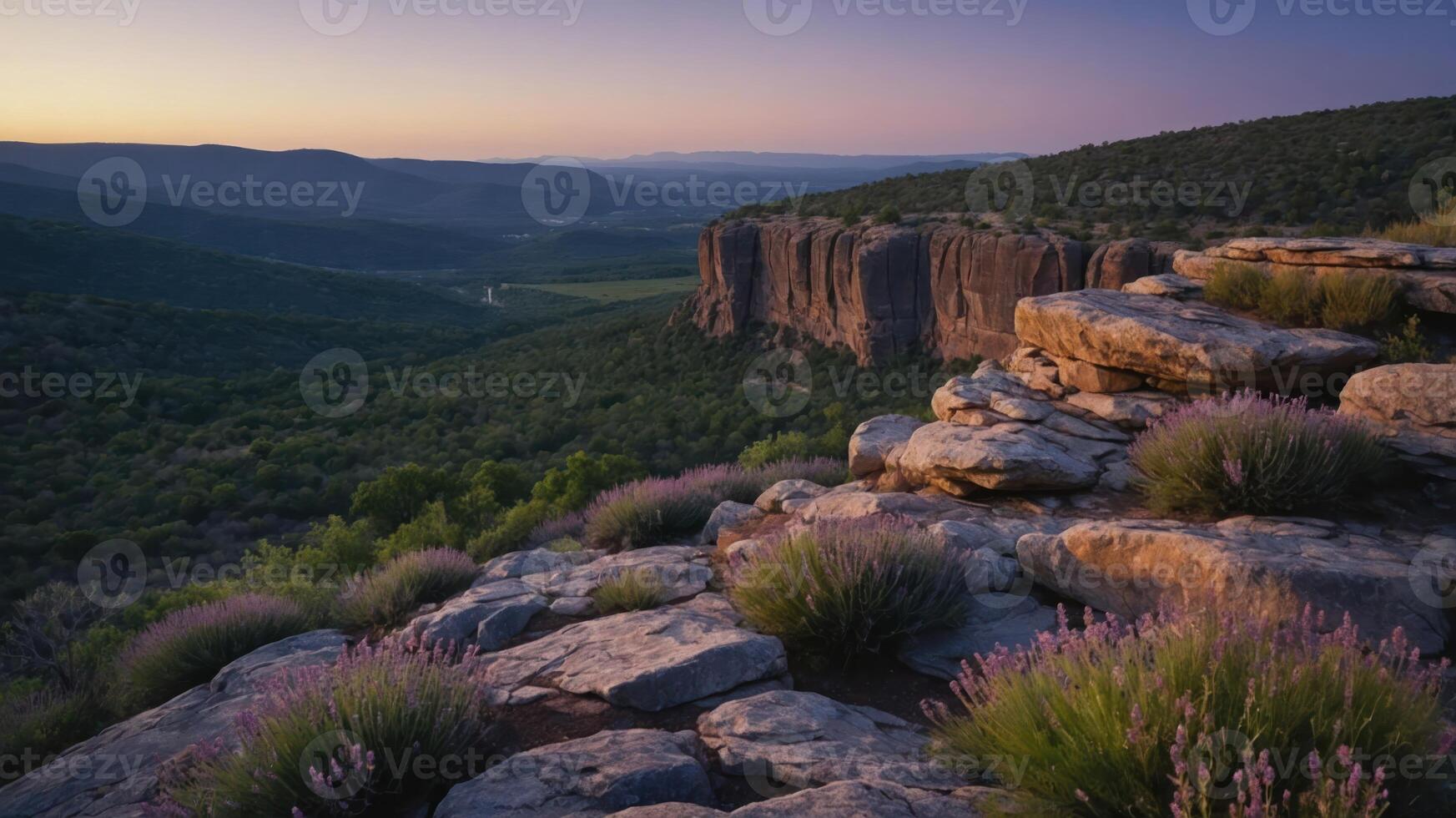 Scenic Mountain Landscape with Rocky Cliffs, Lavender Blooms and Calm Atmosphere photo