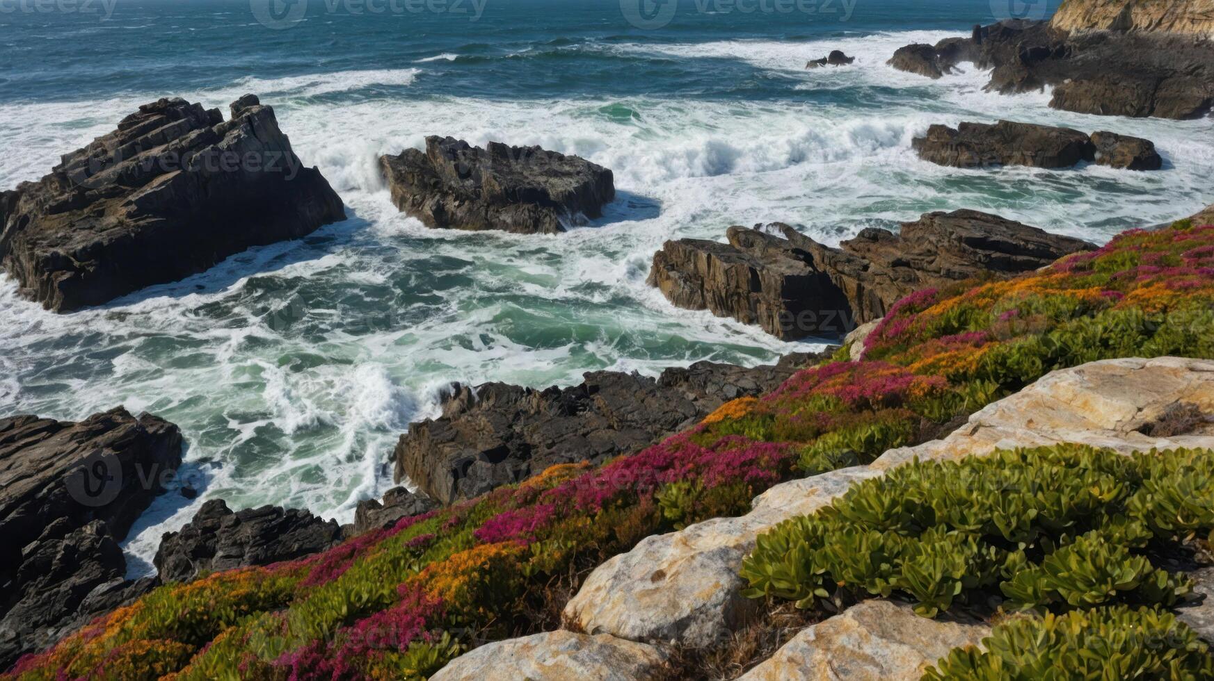 Crashing Ocean Waves and Rocky Coastline with Colorful Wildflowers photo