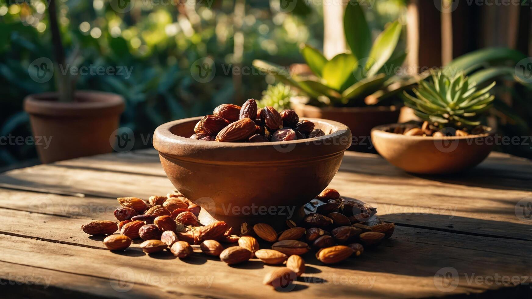 Almonds in Bowl on Rustic Table with Outdoor Garden Setting photo
