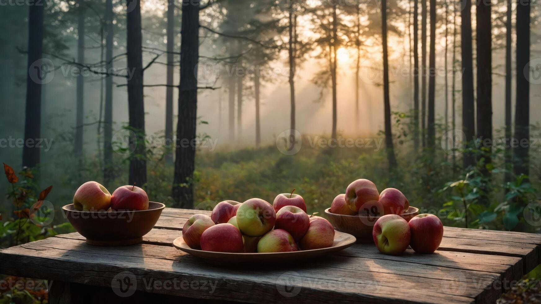 Fresh Apples Displayed on Wooden Table with Forest Sunrise Backdrop photo