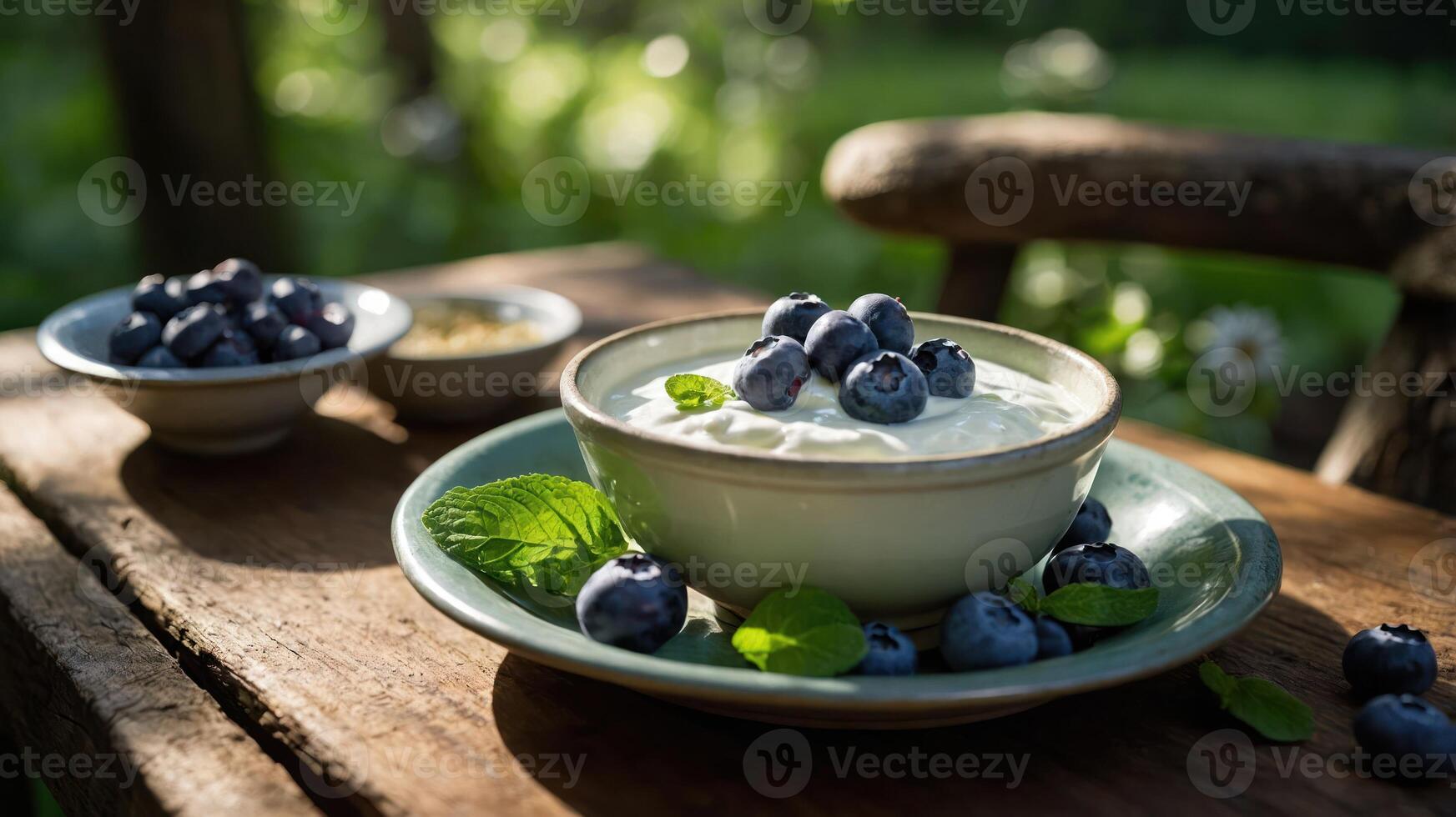 Enjoying Fresh Blueberries with Yogurt on a Rustic Wooden Table Outdoors photo