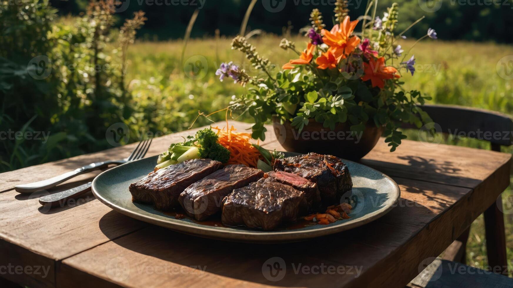 Grilled Beef Meal with Vegetables and Flowers on Wooden Table photo