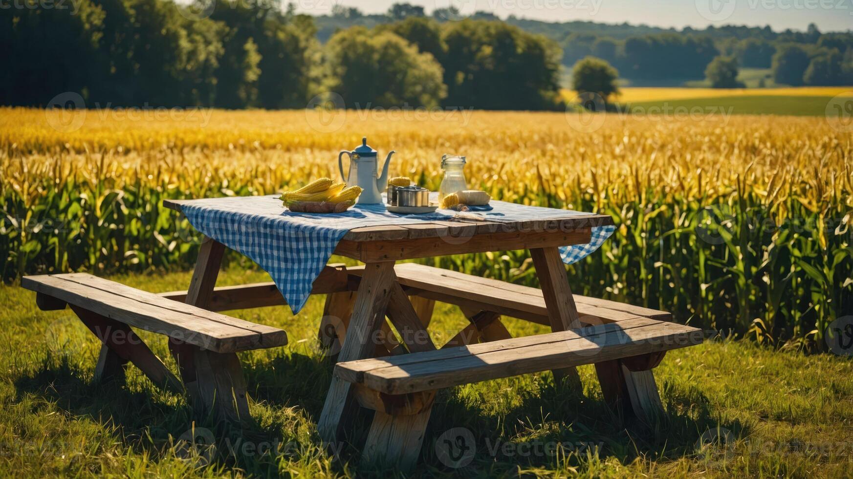 Setting Up a Picnic Table in a Field with Golden Crops photo