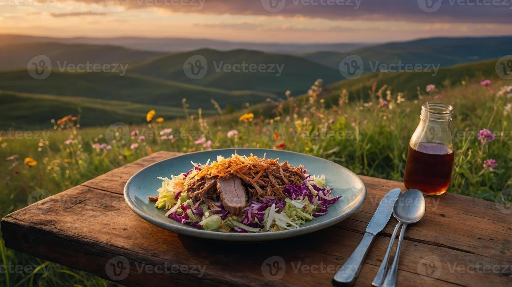 Pulled Pork Salad on Rustic Table Overlooking Rolling Hills photo