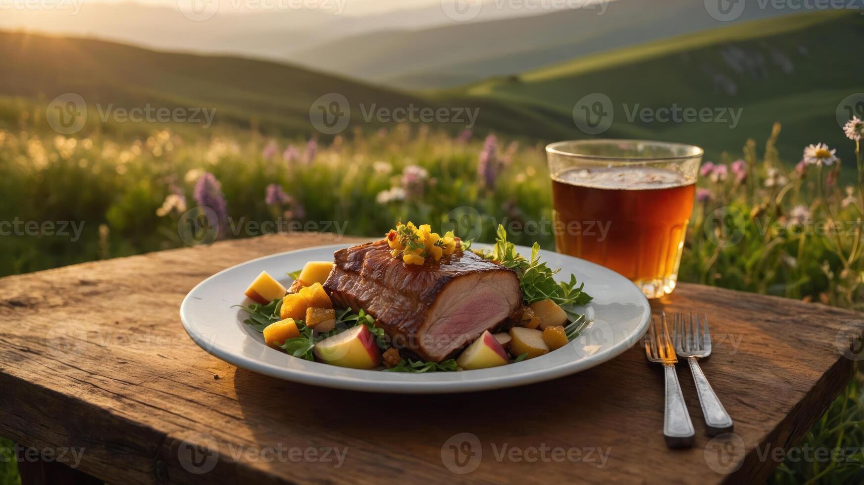 Gourmet Meal Outdoors Enjoying Meat Dish with Scenic Mountain View photo