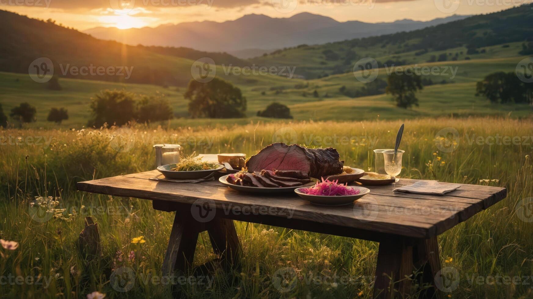 Dining Outdoors with Roast Meat, Sides, and Sunset Mountain View photo