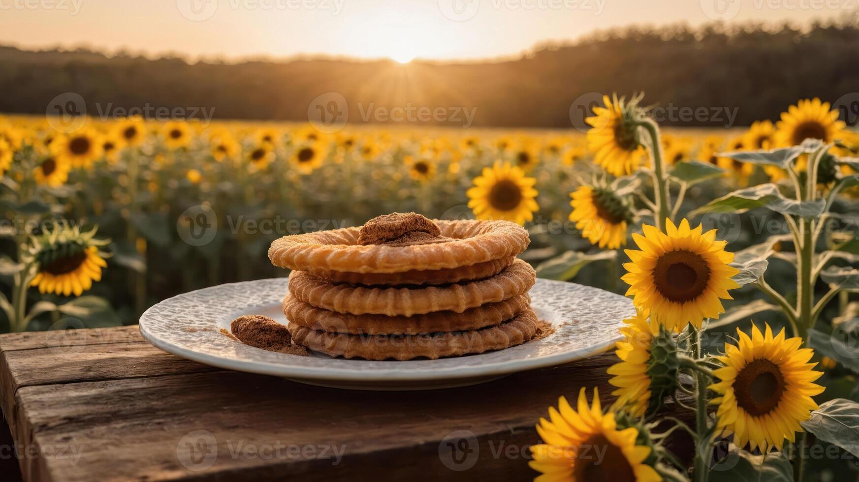 Stack of Ring Pastries with Sunflower Field Background at Sunset photo