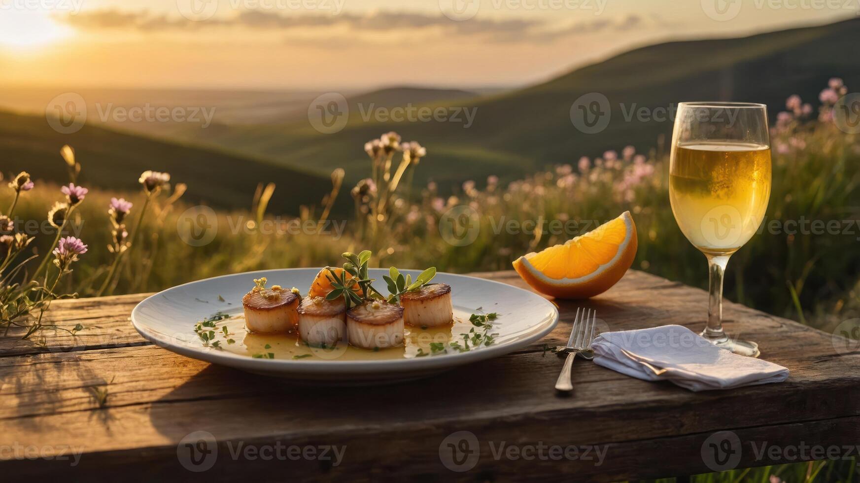 Enjoying Seared Scallops and White Wine in a Scenic Nature Setting photo