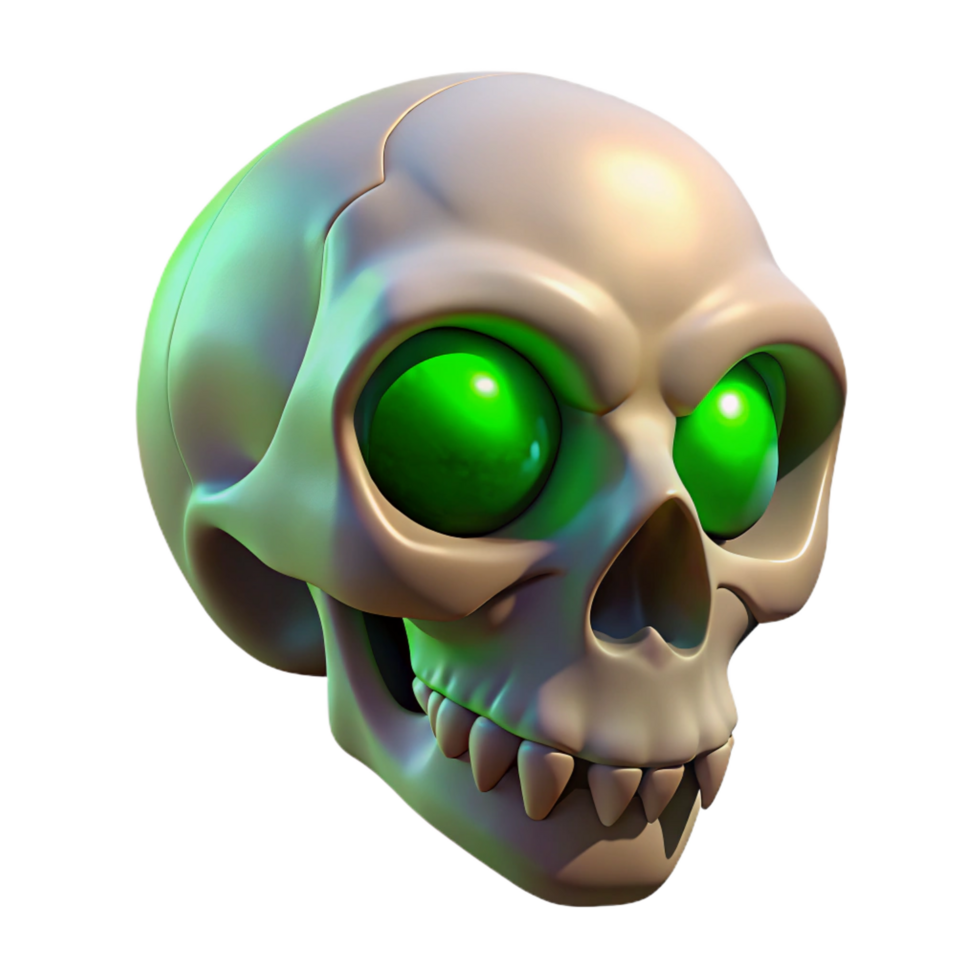 gorgeous ethereal elegant A single, withered skull with glowing green eyes, NO BACKGROUND with Transparent Background. studio quality png