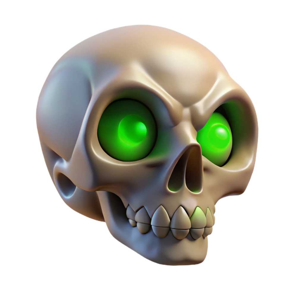 playful pristine A single, withered skull with glowing green eyes, NO BACKGROUND with Transparent Background. fine detail png