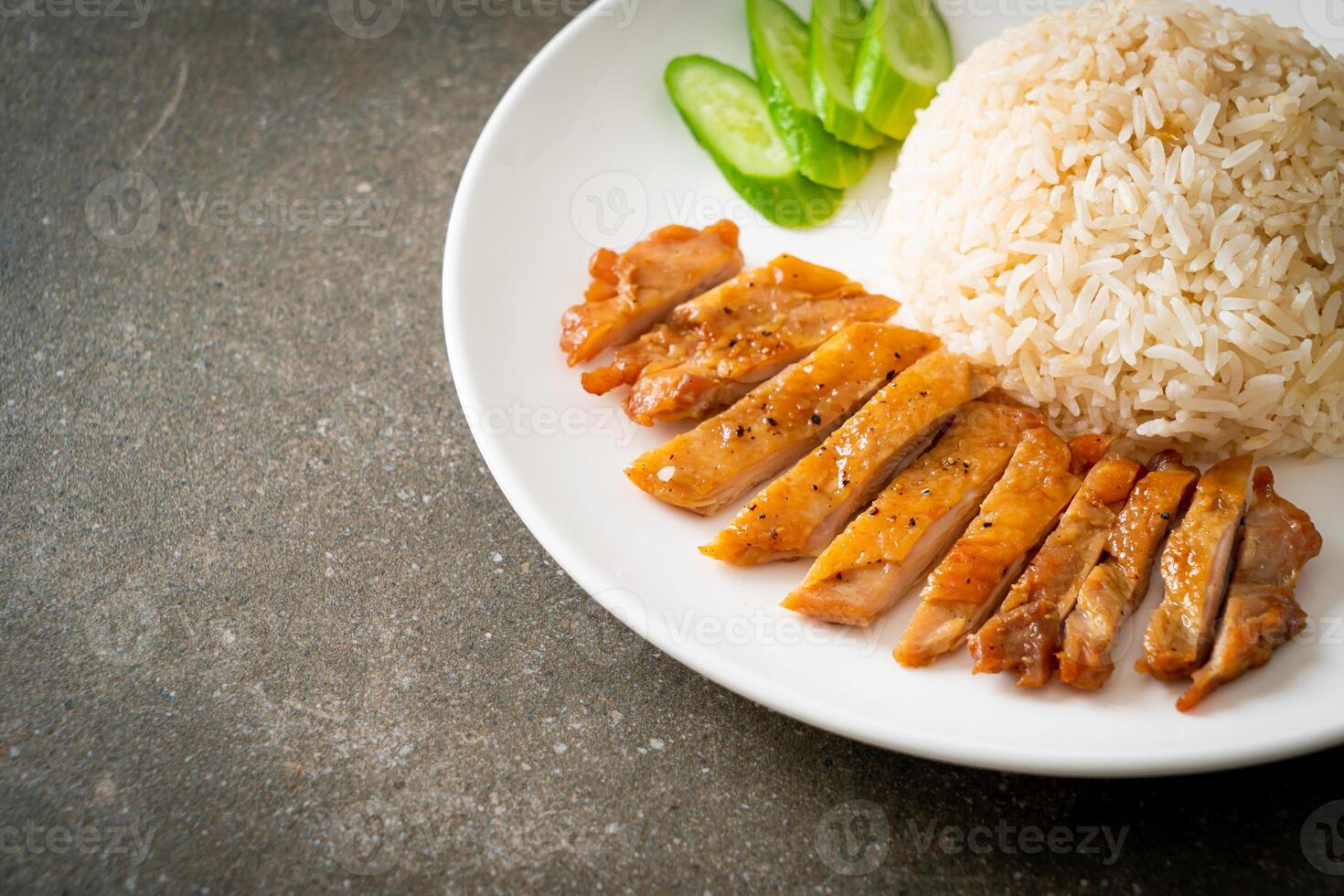Grilled Chicken with Steamed Rice on white plate photo