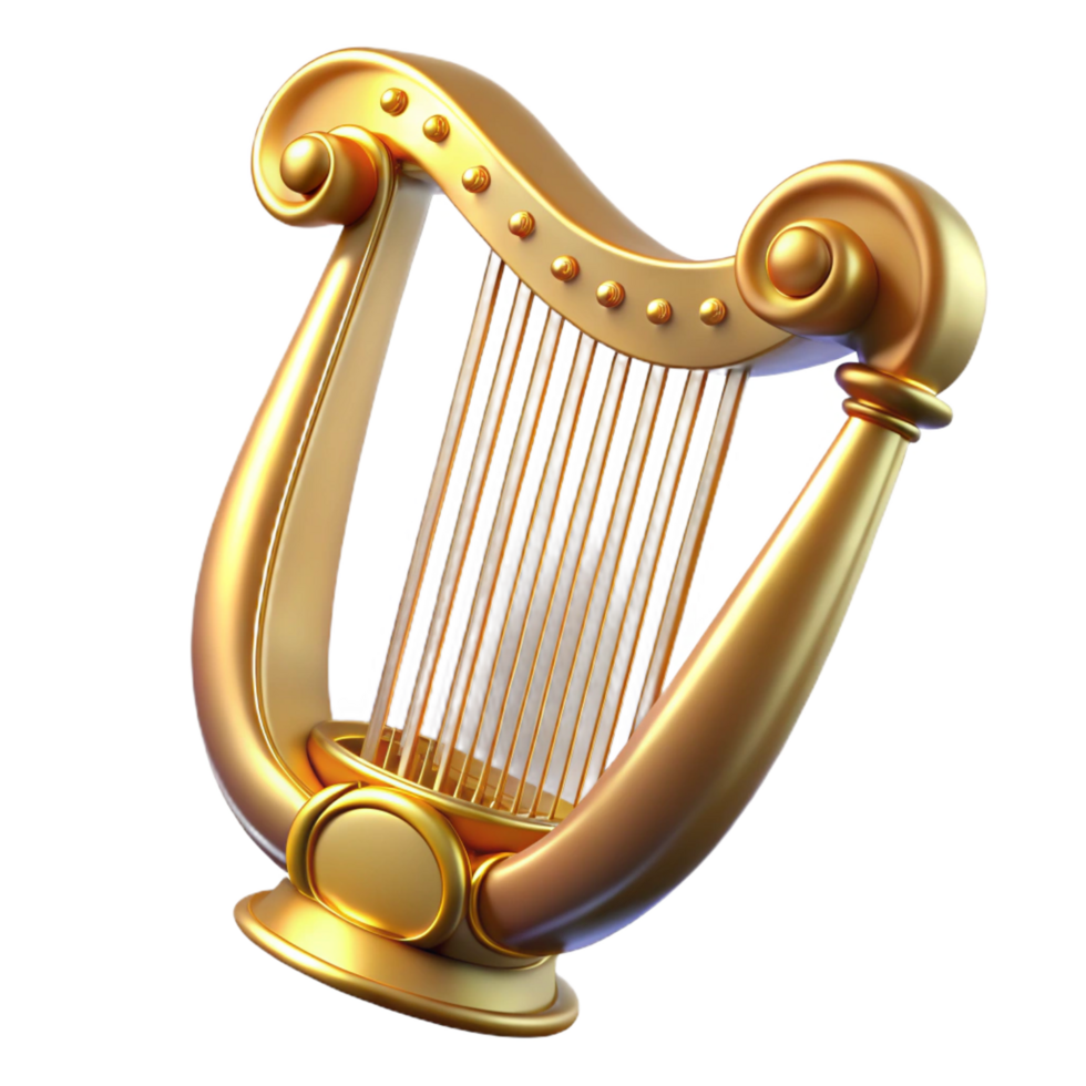 stunning nordic A magical harp with golden strings, NO BACKGROUND with Transparent Background. studio quality png